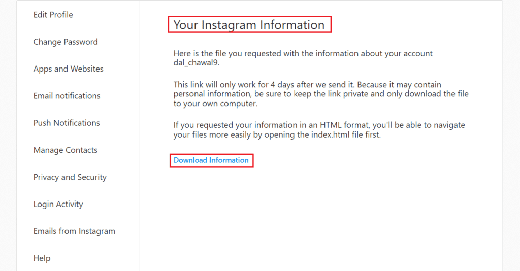 Click on Downloaded Information | backup my Instagram chats