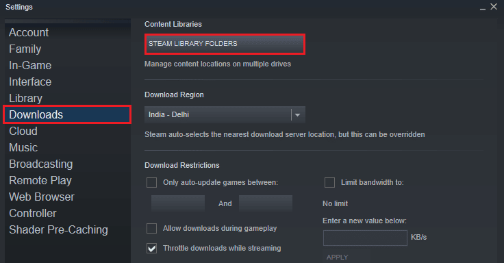 Click on Downloads and select STEAM LIBRARY FOLDERS