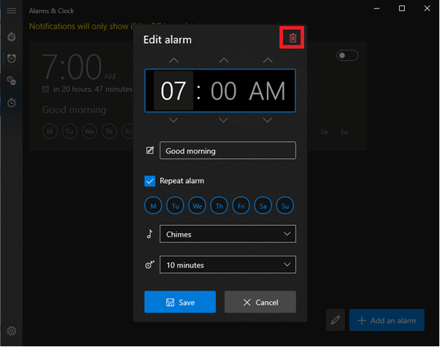 Click on dustbin button on the right corner to delete your customized alarm. How to Set Alarms in Windows 10
