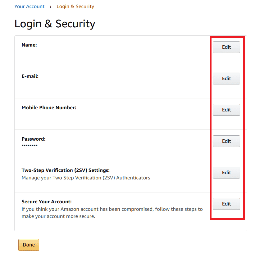 Click on Edit next to the particular log-in information you want to change | What Happens If You Forgot Your Amazon Password?