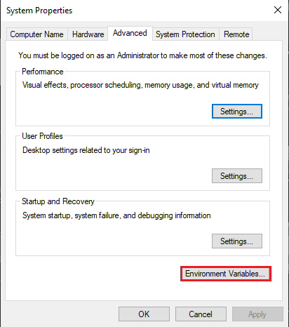 Haga clic en Variables de entorno. Cómo arreglar que el sistema no pueda encontrar la ruta especificada en Windows 10