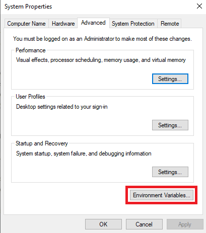 Click on Environment Variables in the System Properties. Fix System Could Not Find the Environment Option That Was Entered
