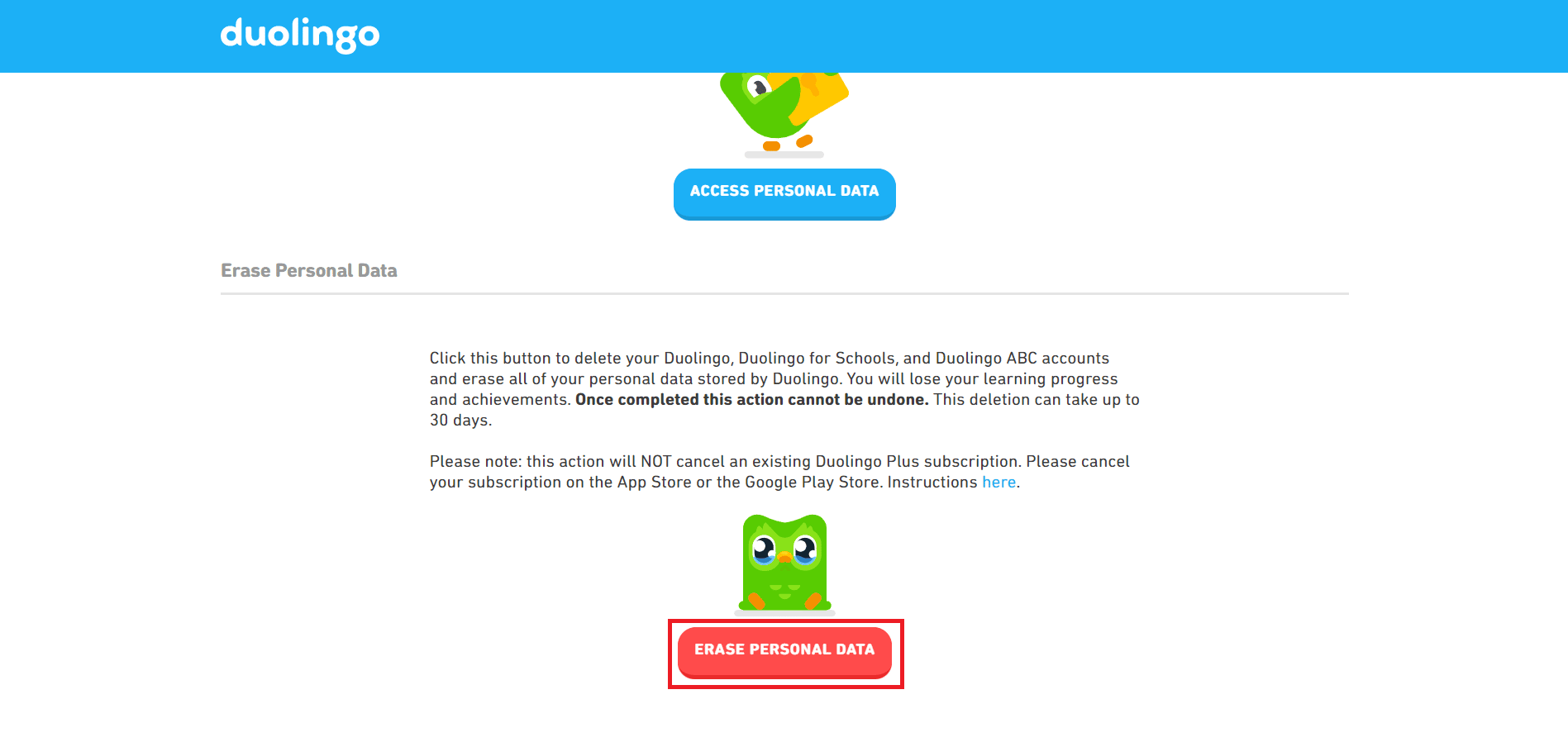 Click on ERASE PERSONAL DATA on the redirected Duolingo Drive-Thru page