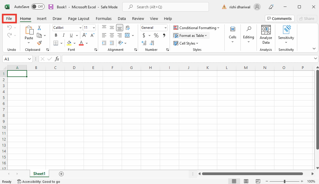 Click on File. Fix Excel Has Run into an Error