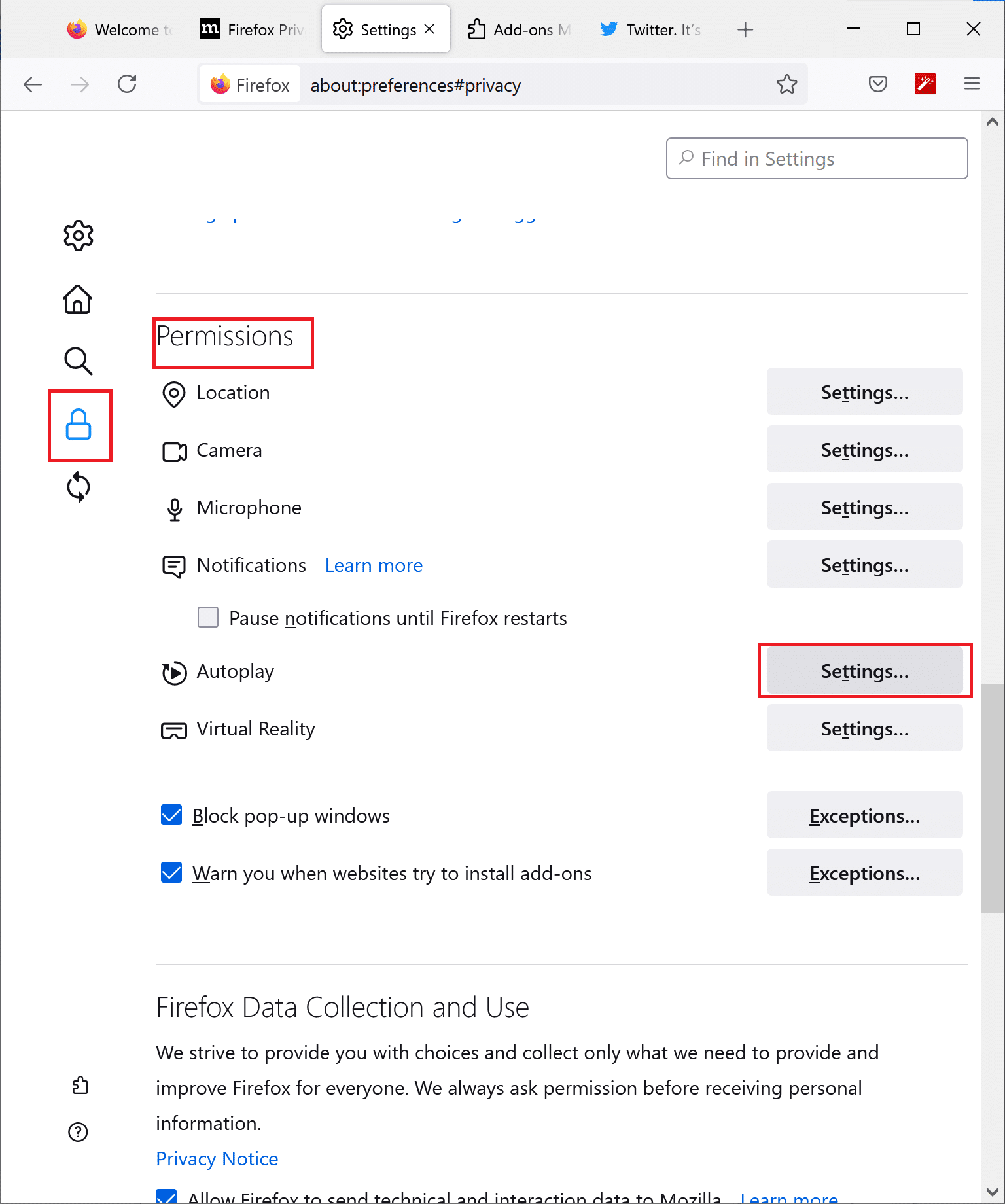 Ikklikkja fuq is-settings tal-awtoplay tal-Firefox