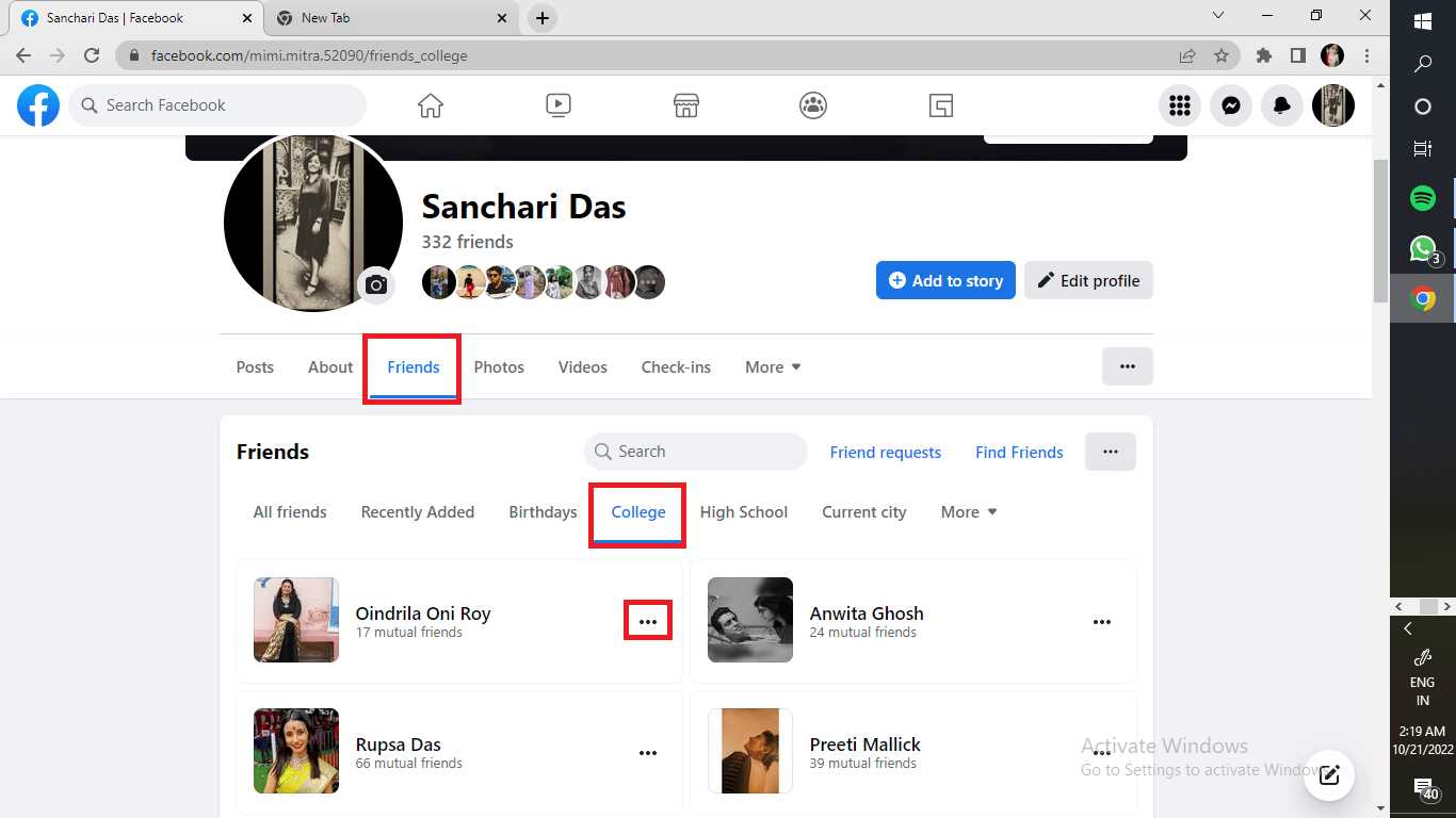 Click on Friends. You can select according to the groups of friends that Facebook has prepared for you according to your associations with them. For example: The groups are named as Birthdays, College, and others. Click on the three horizontal dots on the side of the friend’s name whom you do not want to keep in your friend list.