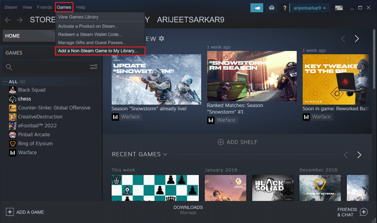 click on games and select add a non steam game to my library... option