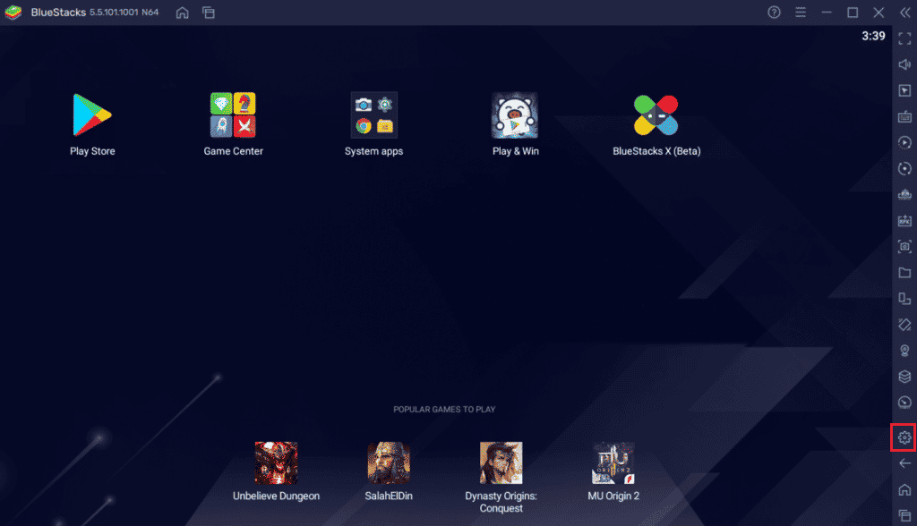 click on gear icon to open bluestacks setting