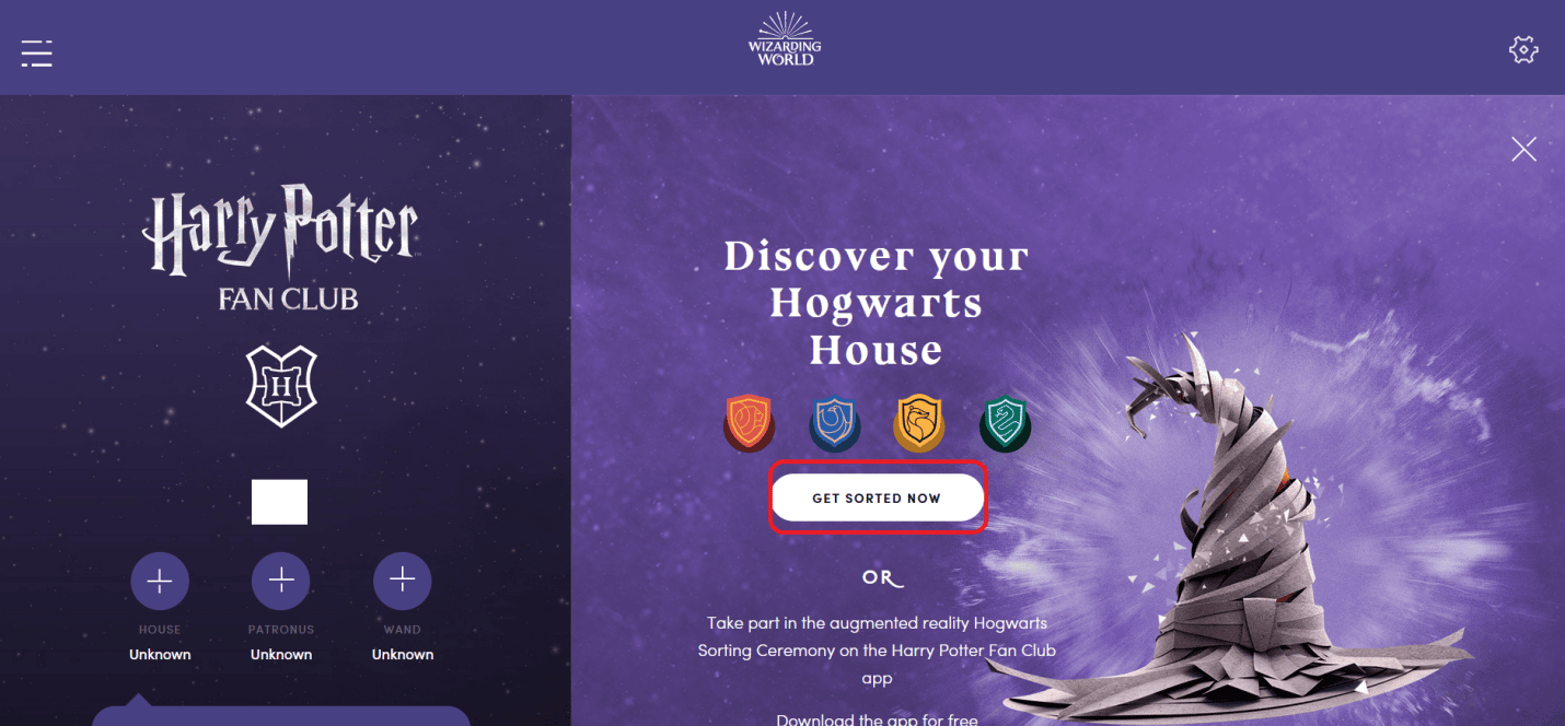 Click on GET SORTED NOW | Can You Retake Pottermore House Test?