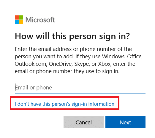 Click on I don't have this person's sign in information. Fix Taskbar Right Click Not Working