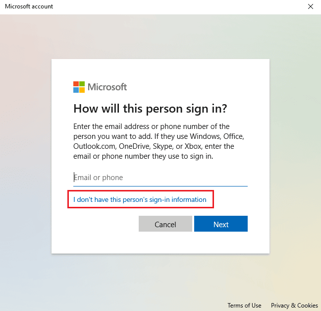 Click on I don't have this person sign in information