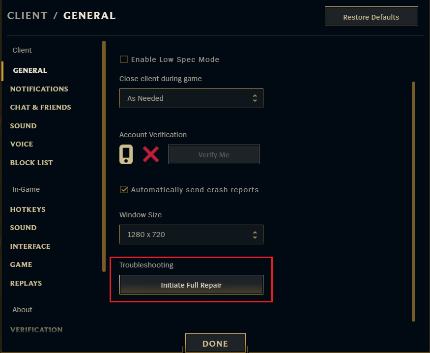click on initiate full repair in Troubleshooting options on General Settings League of legends