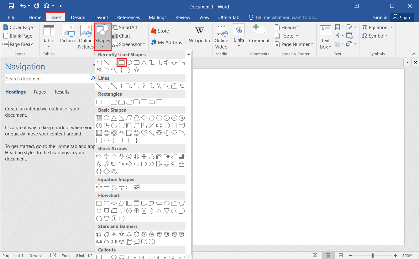 haga clic en la pestaña Insertar y seleccione la opción Formas en MS Word