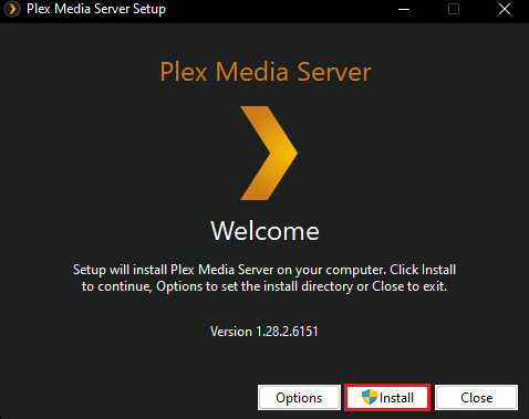 click on install plex media server setup