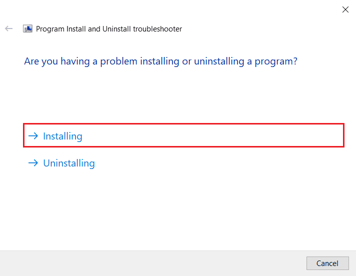 click on installing option in program install and uninstall troubleshooter