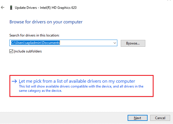 Click on Let me pick from a list of available drivers on my computer 