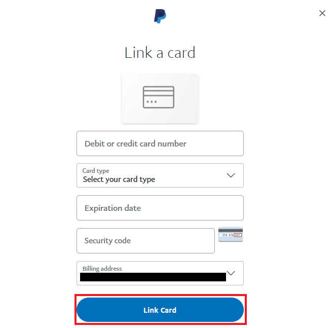 Click on Link Card. Fix PayPal Unable to Process Request