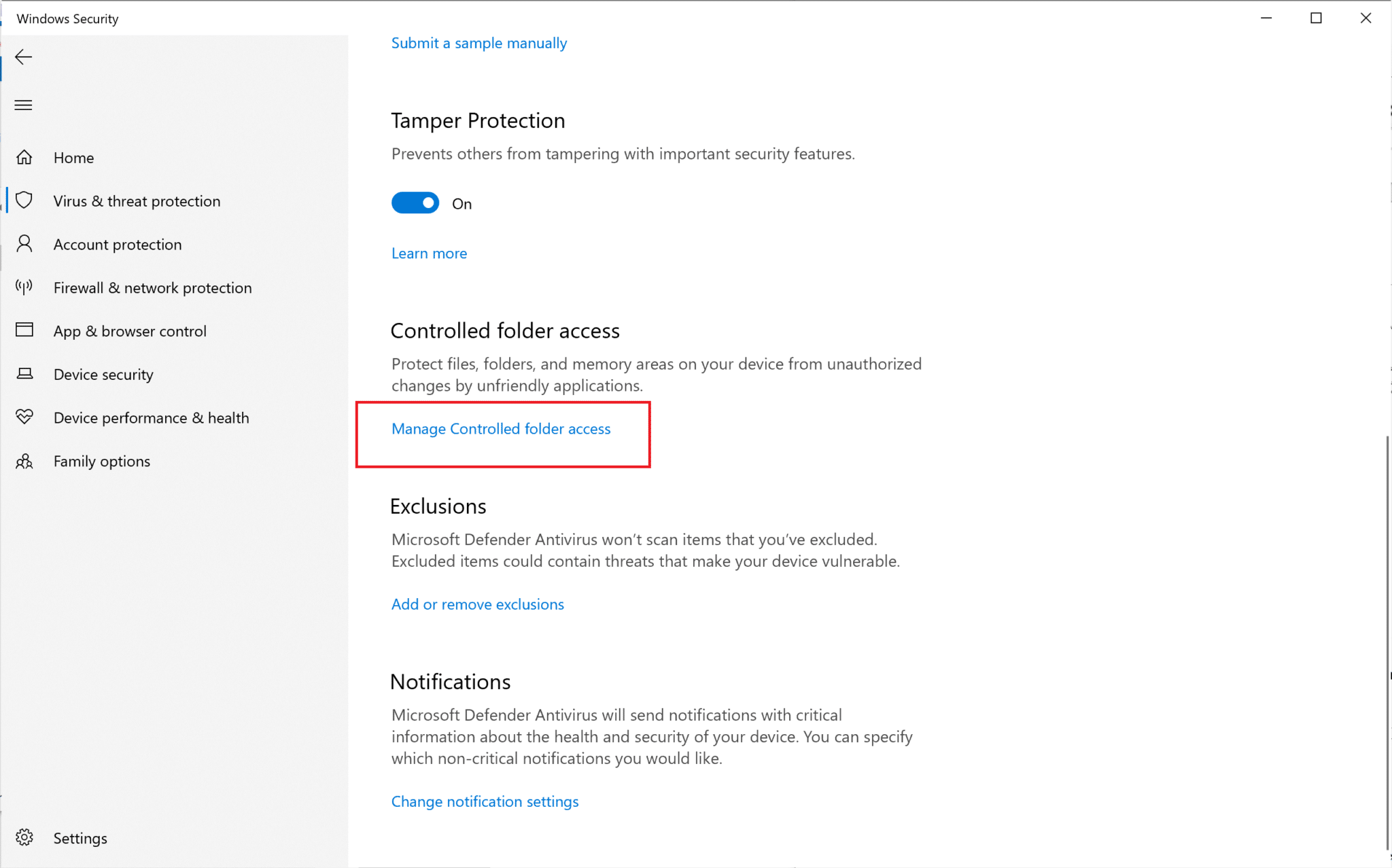 Haga clic en Administrar acceso controlado a la carpeta | La carpeta de reparación sigue volviendo a solo lectura en Windows 10