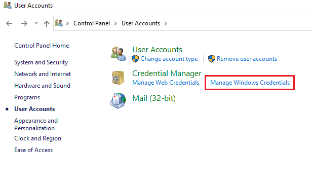Click on manage windows credentials