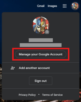 Click on Manage your Google Account.