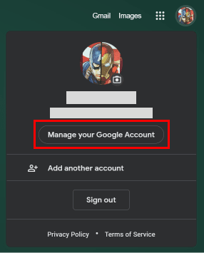 Click on Manage your Google Account below your name and email address.