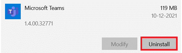 Click on Microsoft Teams and then click Uninstall.