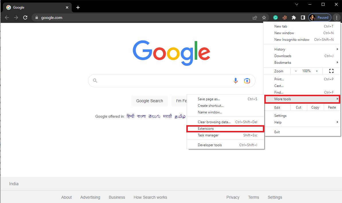 Haga clic en Más herramientas y luego haga clic en Extensiones. Reparar el error de envío del servidor Google Chrome sin datos