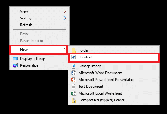 Cliquez sur Nouveau et sélectionnez L'invite de commande de correction de raccourci apparaît puis disparaît sous Windows 10.
