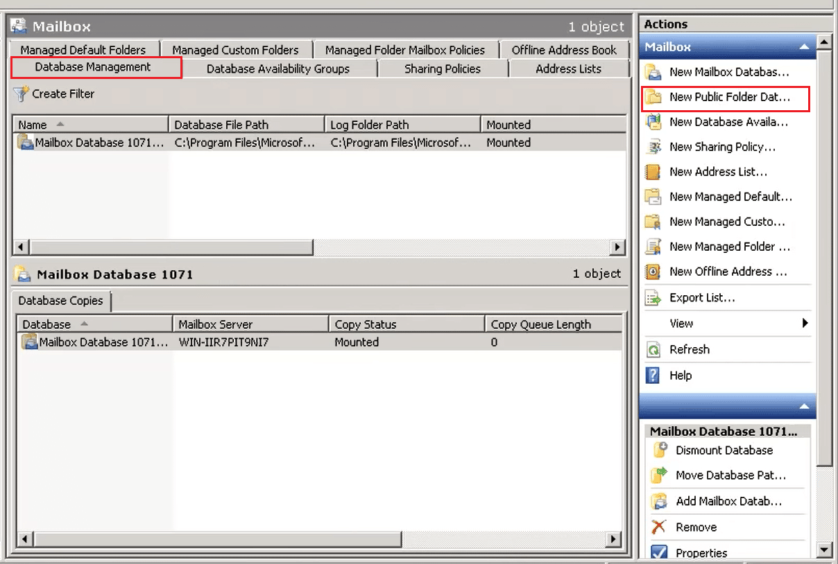 click on new public folder database in Database Management Mailbox node in Exchange Management console