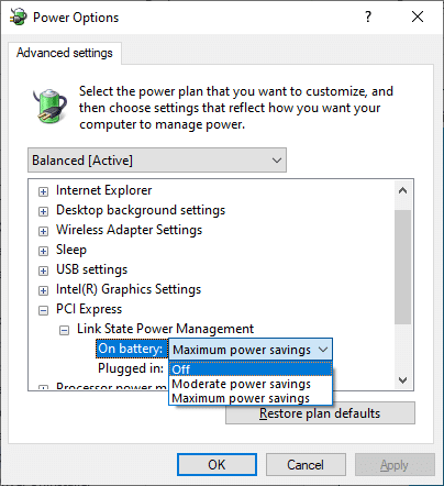 Click on On battery and change the setting to Off from the drop-down list. Fix Windows Update Download 0x800f0984 2H1 Error