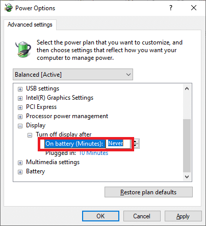 Click on On battery. Fix Windows 10 brightness Not Working