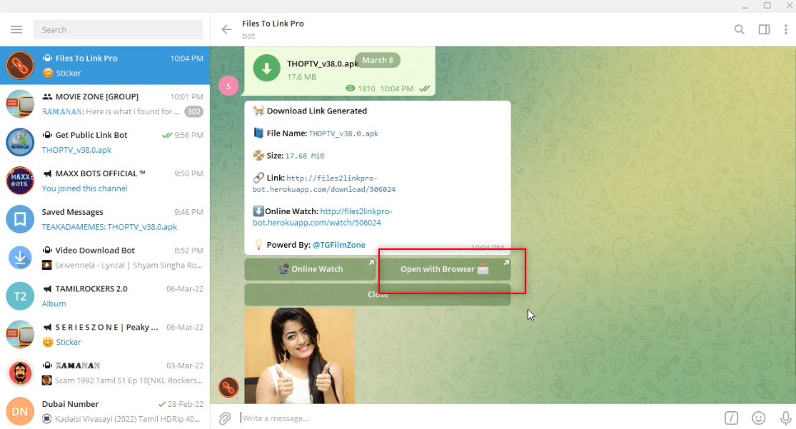click on Open with Browser. How to Download Telegram Videos