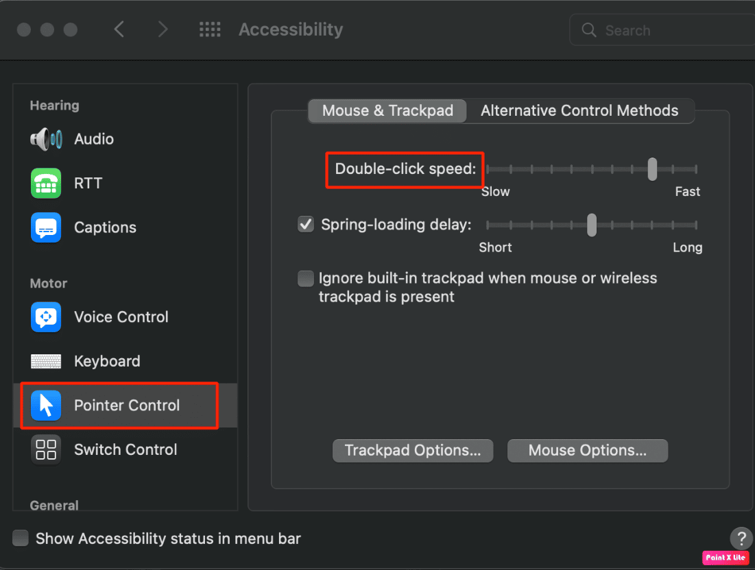 click on pointer control option | trackpad not working Mac