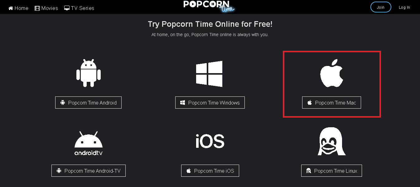 Click on Popcorn Time Mac button