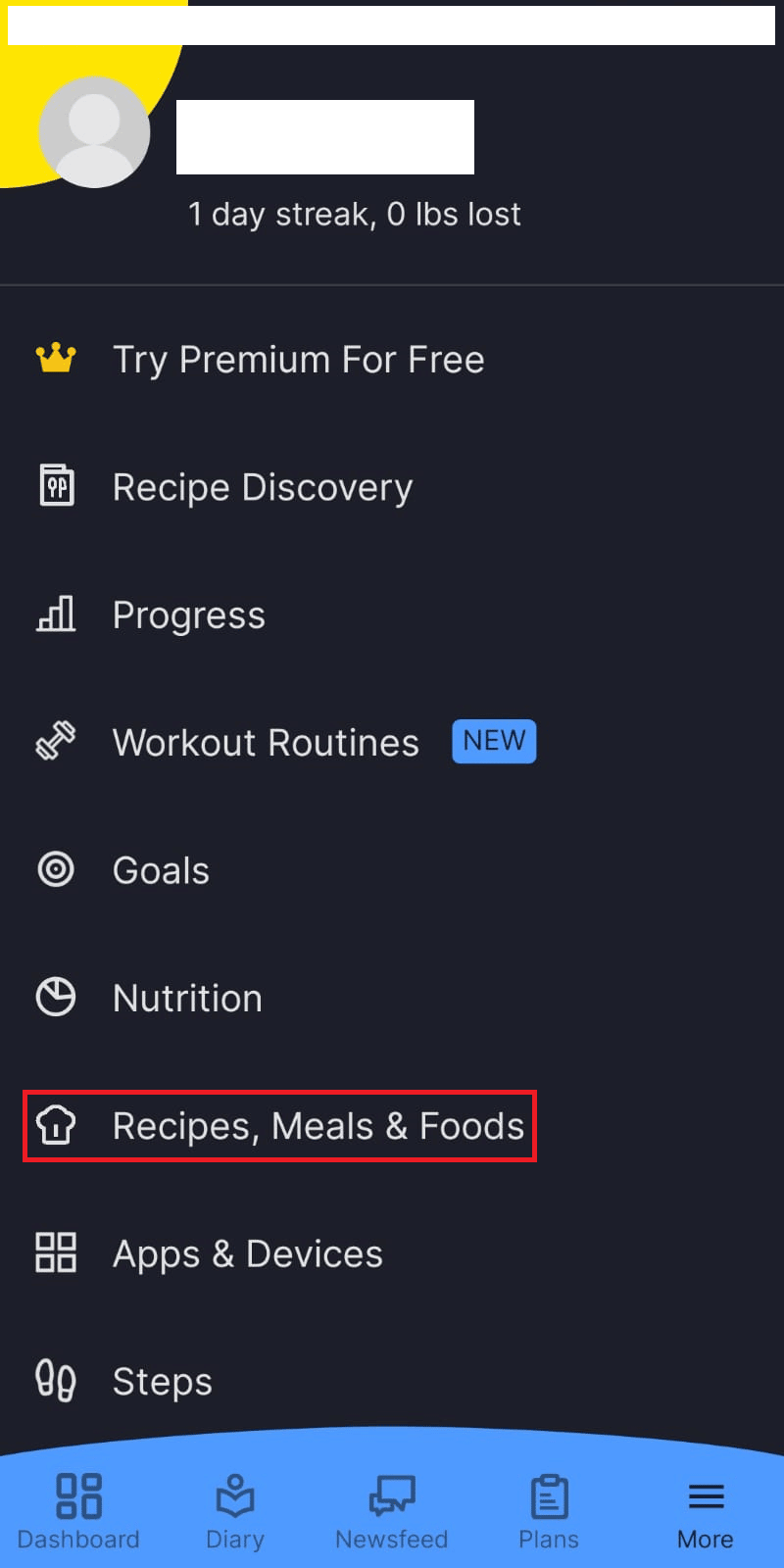 Click on recipes, meals and food | How Can You Reset MyFitnessPal