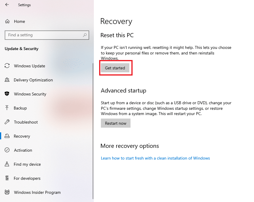 Click on recovery option and select get started to reset the laptop | How to Find Administrator Password On Windows 10