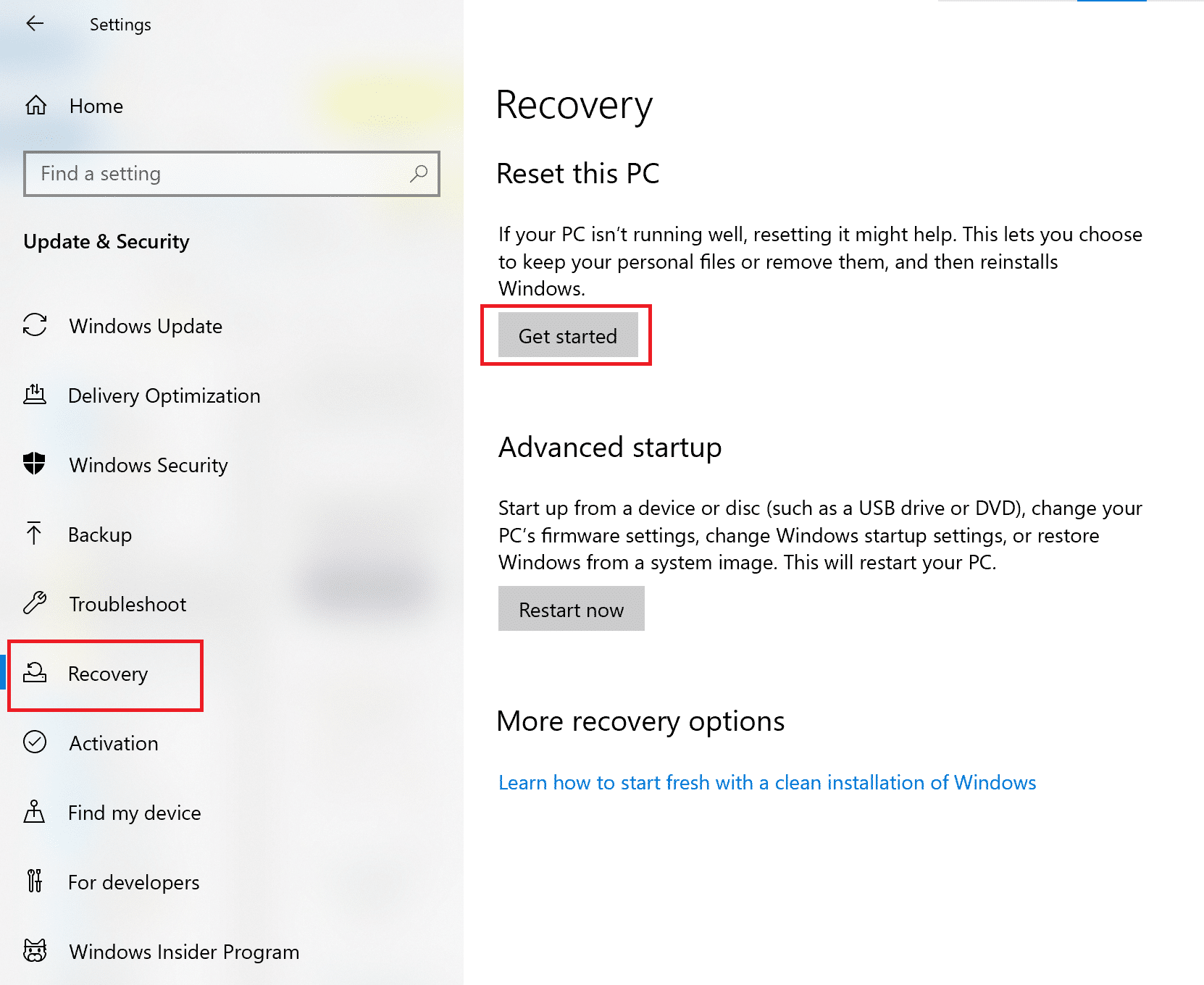 Click on Recovery. Then, click on Restart Now under Advanced Startup