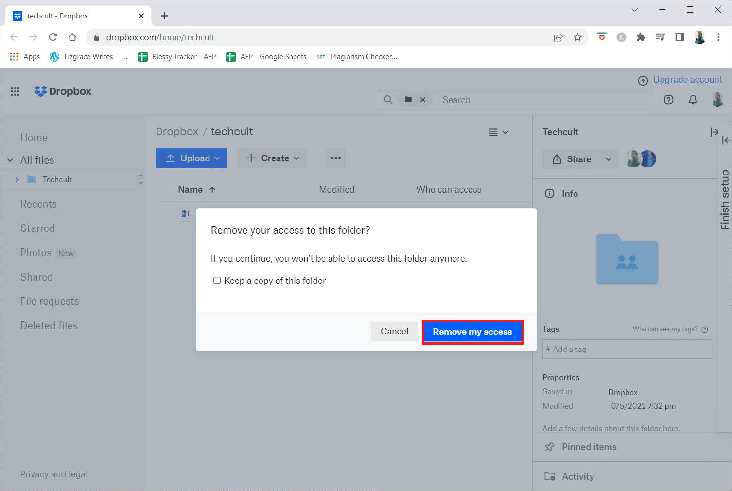 click on Remove my access again in the pop-up | How Do I Remove Myself from a Dropbox Group