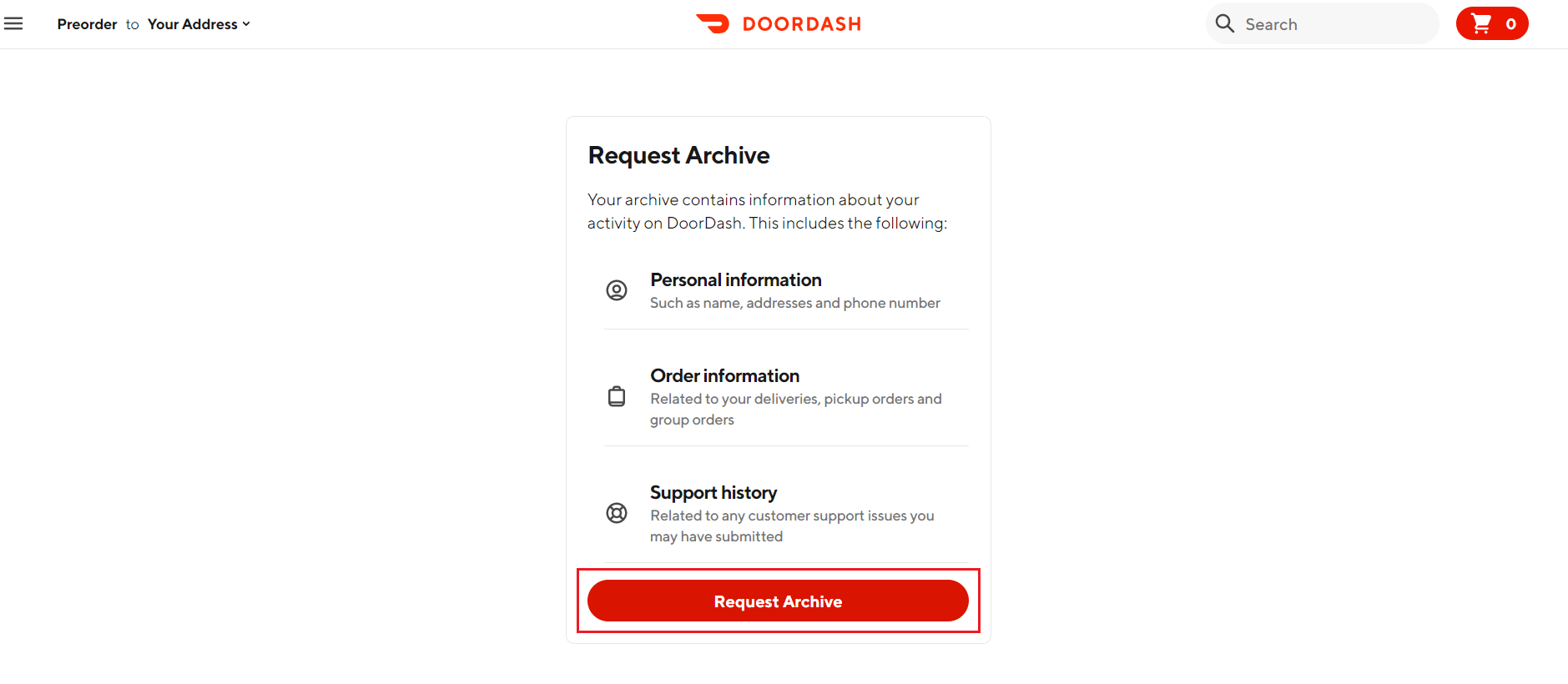 click on request Archive in DoorDash website