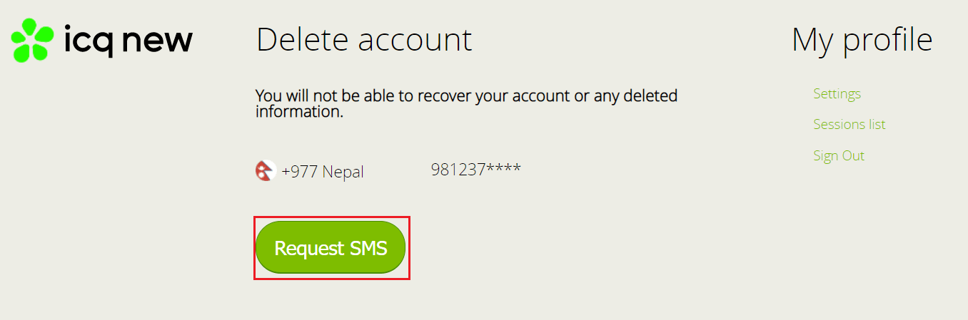 click on request sms to delete your account ICQ account closure page