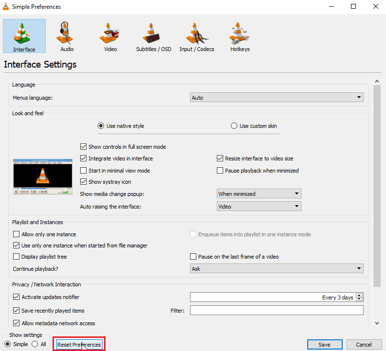 click on reset preferences in simple preferences tab. Fix VLC Hotkeys and Shortcuts Not Working