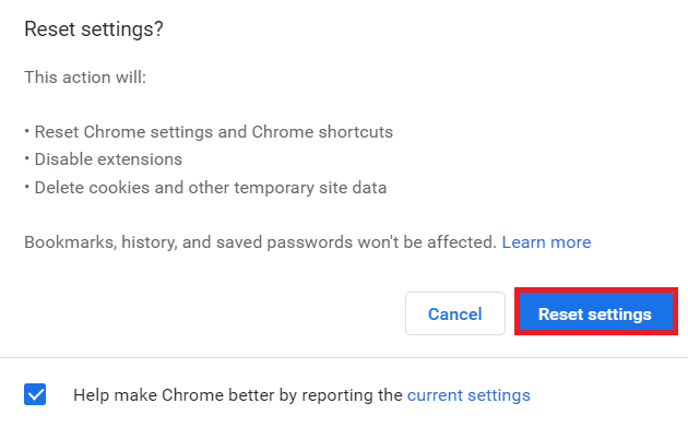 click on Reset settings. Fix ERR_CONNECTION_RESET on Chrome Windows 10