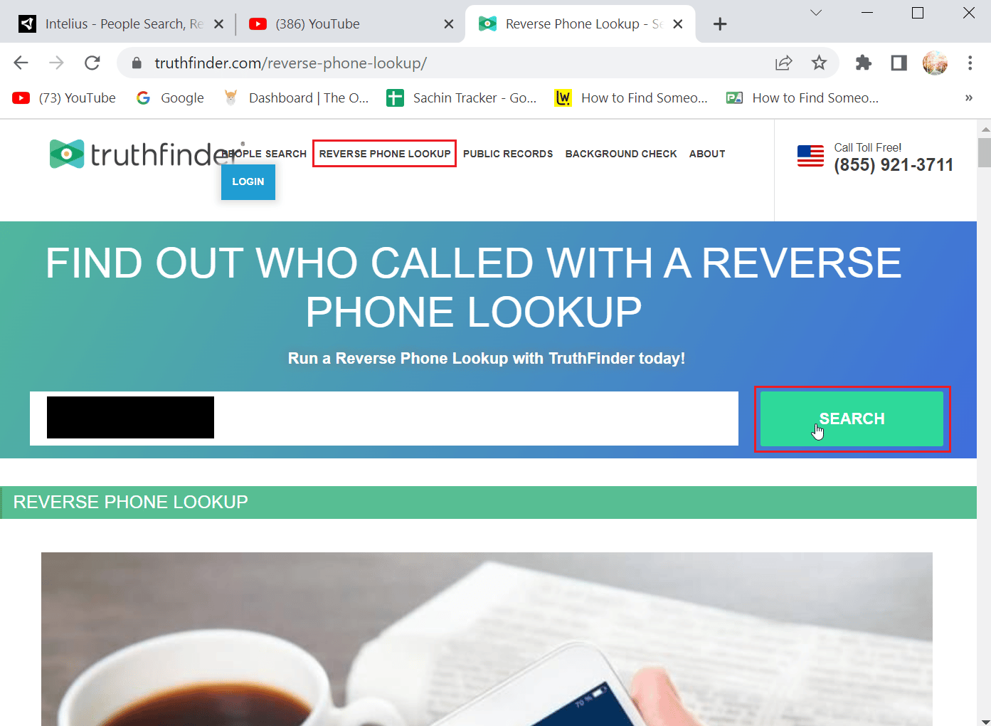 click on reverse phone lookup and enter the phone number and click search