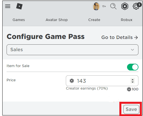 click on Save and your Game Pass will be available for sale