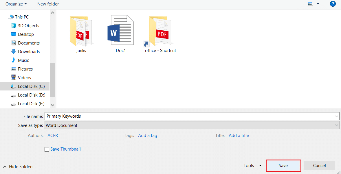 click on save to save word document