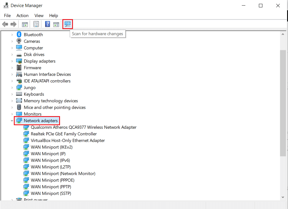 click on scan for hardware changes icon and check network adapters