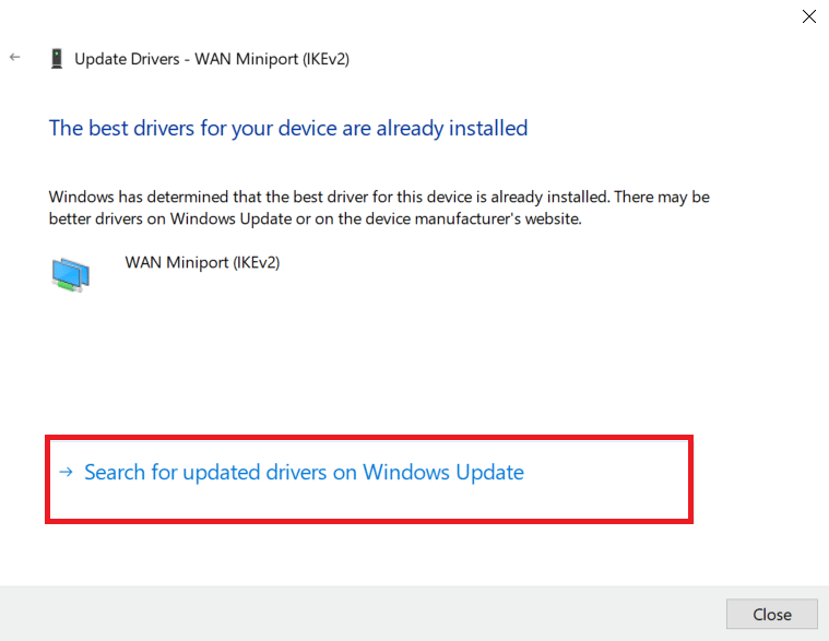 Mag-click sa Maghanap para sa mga na-update na driver sa Windows Update.