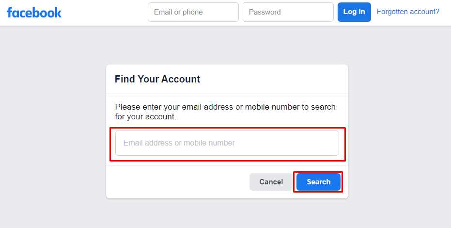 Enter the Email address or mobile number and click on Search | How to Change Phone Number on Facebook