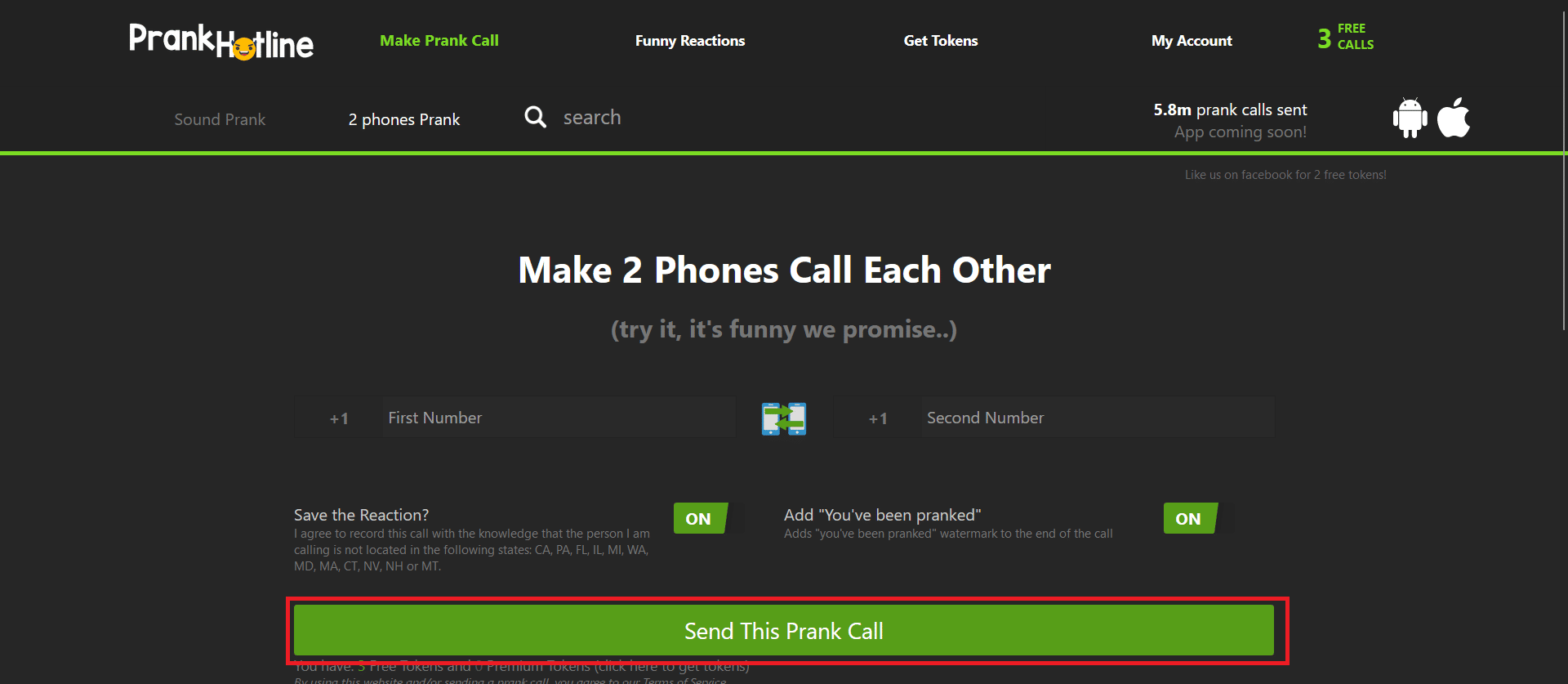 Click on Send this prank call.