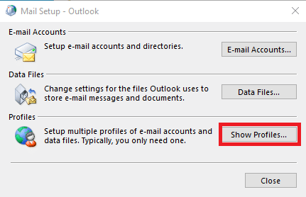 Click on Show profiles on Mail Setup Outlook dialog box. Fix Error message can’t send right now try again later